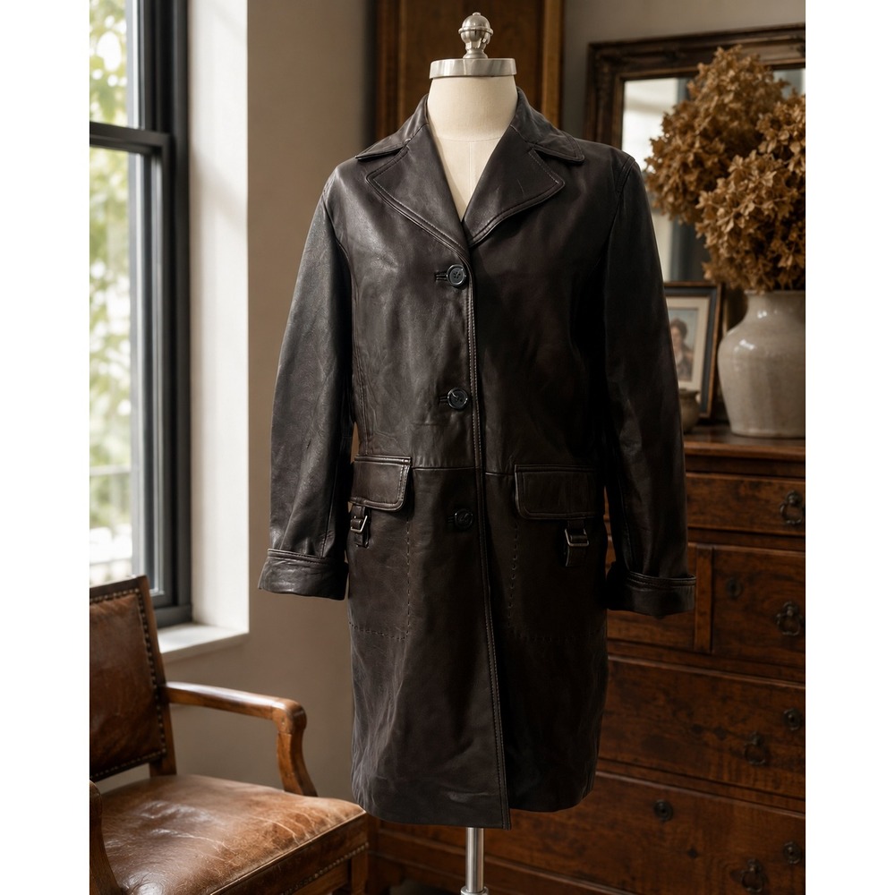 Wilsons‎ Leather Brown Car Coat Jacket Womens Medium 3 Button Mid Length Trench